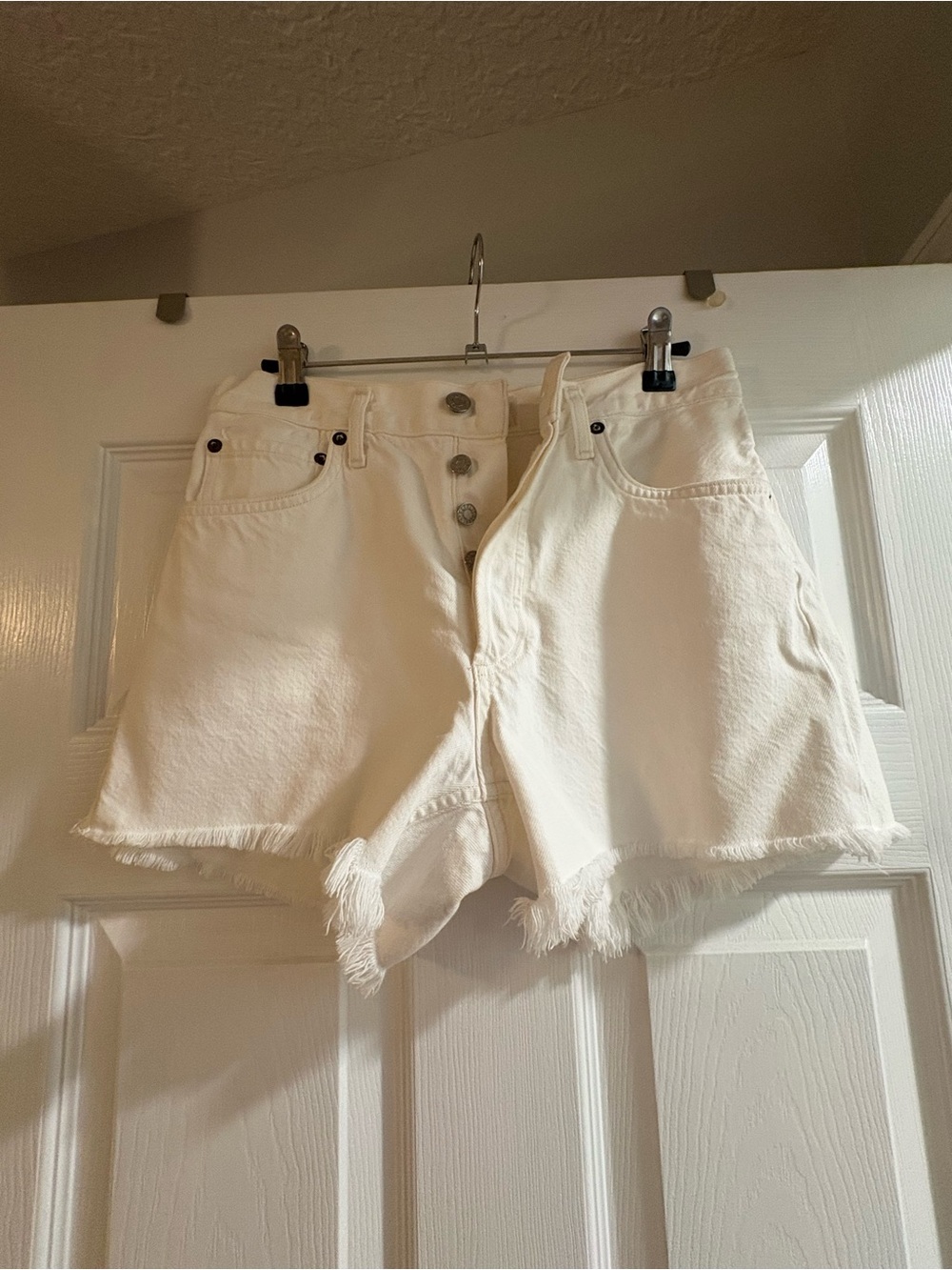 Agolde Raw-Hem Ivory High-Rise Denim Shorts
